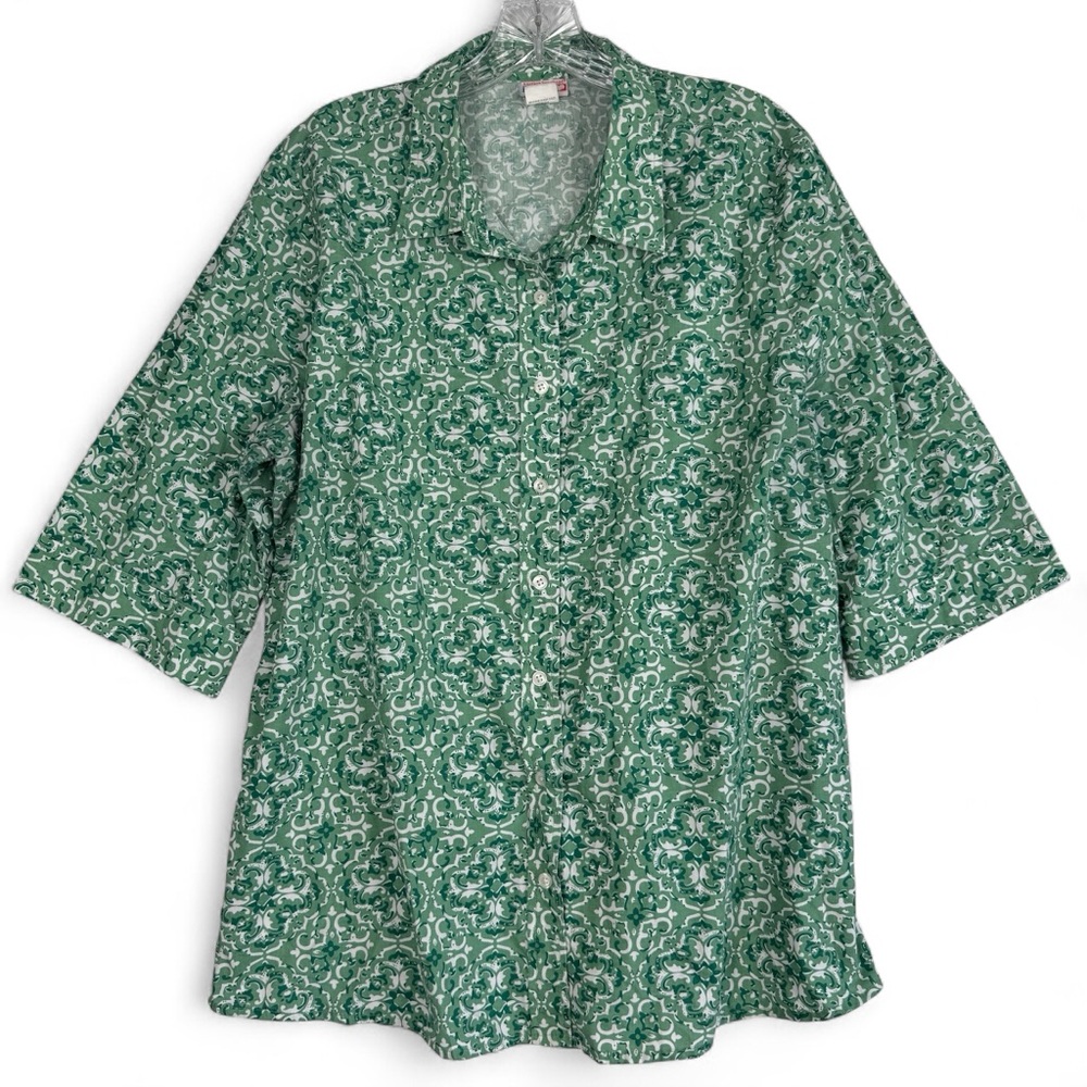 American Sweetheart Womens L Green Teal Geo Floral 3/4 Sleeve Button Up Top